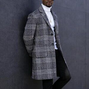 Mens Winter Trench Coat Notched Collar Single Breasted Plaid Mid Long Dark Grey